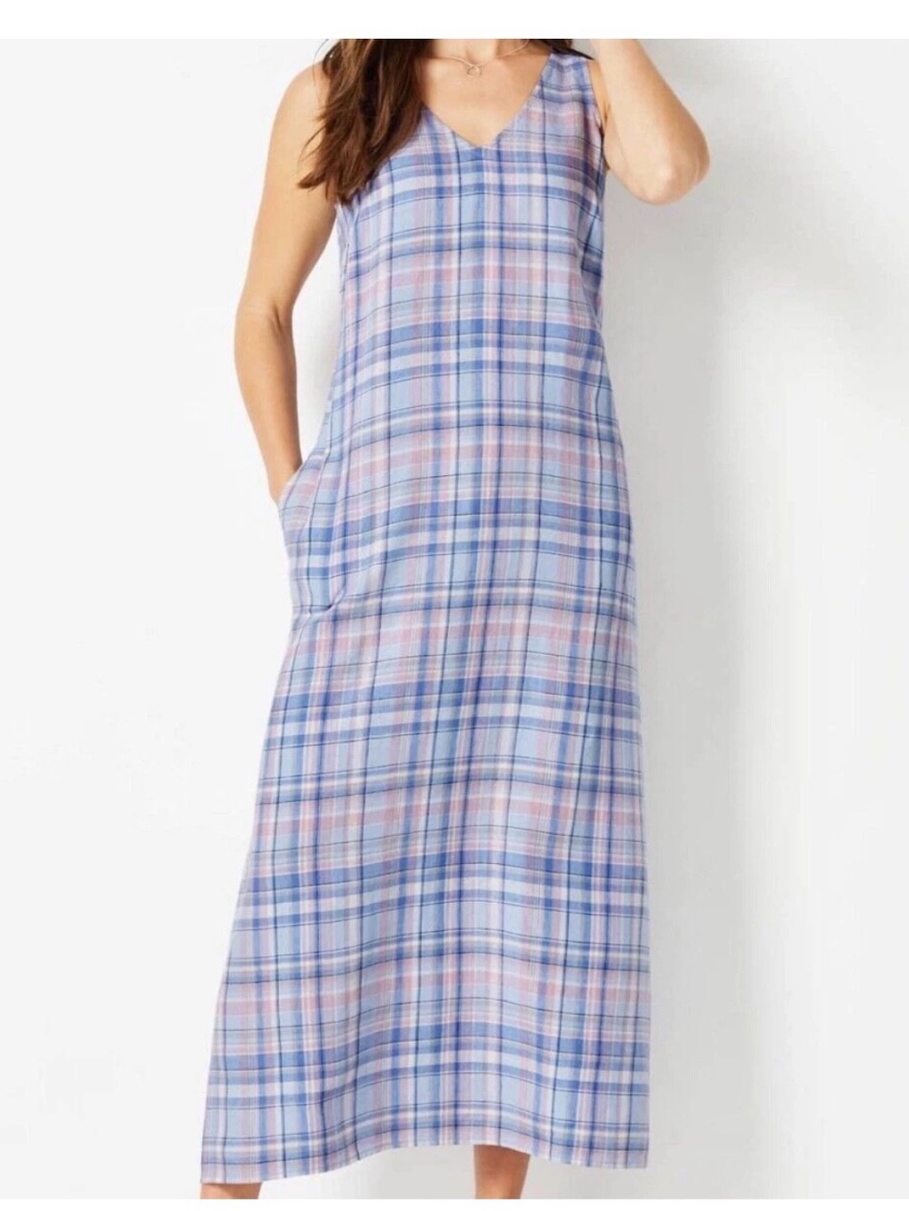 J. Jill Love Linen Blue Raindrop Sleeveless V Neck Linen Maxi Dress